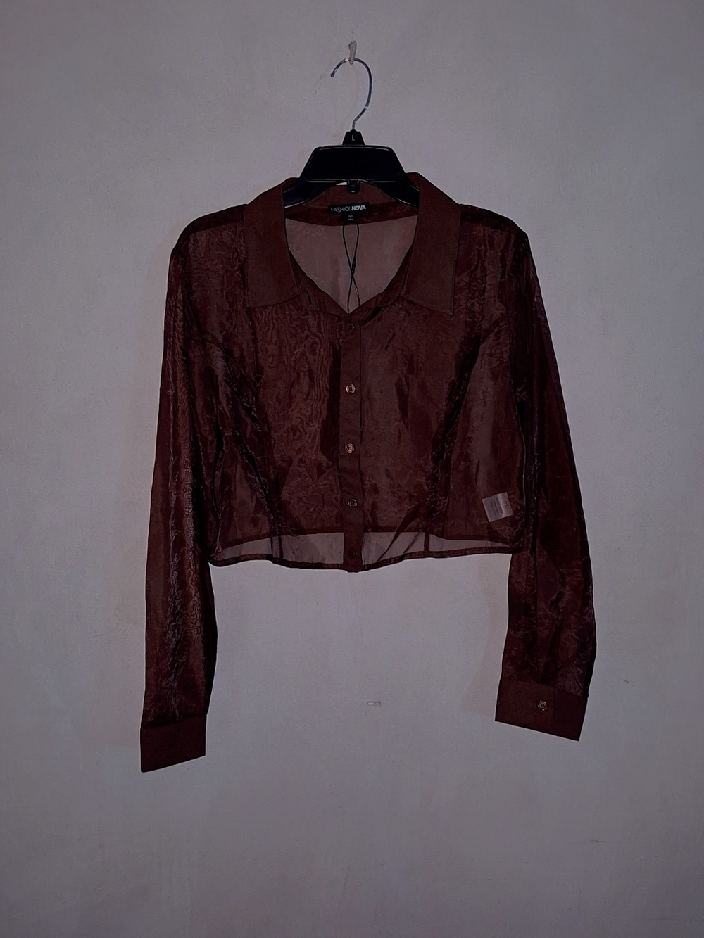 Fashion Nova Sheer Crop Button-Down Shirt - Brown